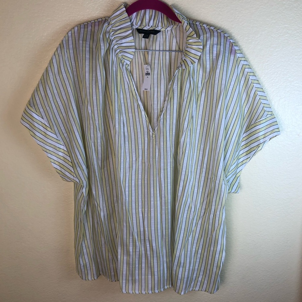 Banana Republic White Yellow Striped Short Sleeve Ruffle Collar V-Neck Blouse - Picture 2 of 9